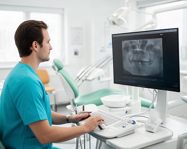 Dental clinician examining radiography beside a workstation in a multi-site practice
