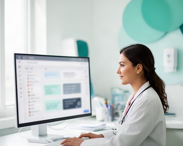 Clinician reviewing a secure patient dashboard in a bright modern healthcare practice
