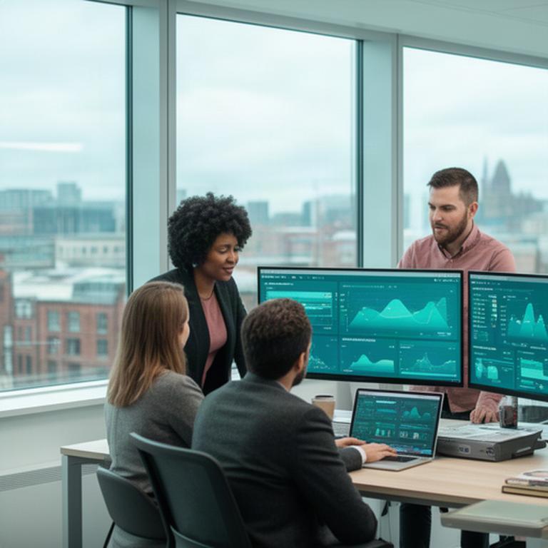Modern Liverpool office team reviewing cloud infrastructure dashboards beside large windows