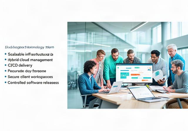 Technology team reviewing a cloud deployment dashboard in a bright Liverpool office